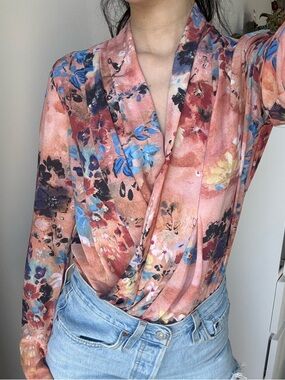 Aritzia Babaton Floral Wrap-Front Bodysuit in Coral Multi